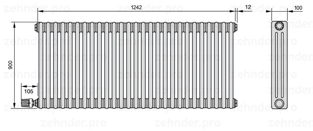 Схема (чертеж) Радиатор Zehnder Charleston 3090/27 №V004 Белый глянцевый RAL 9016